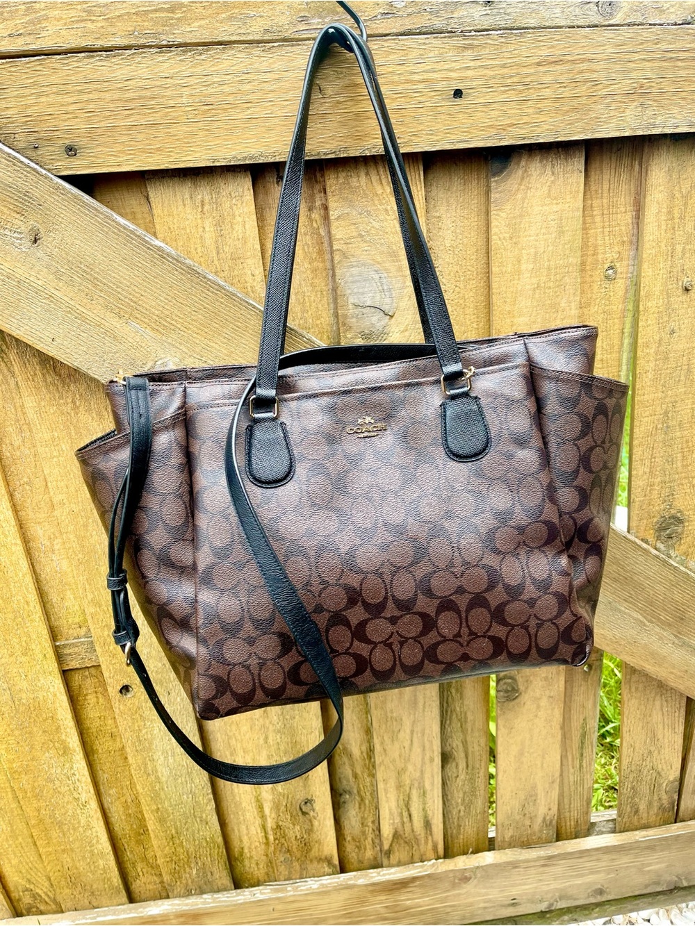 Coach Large Signature Brown and Black Diaper Bag Tote F35414